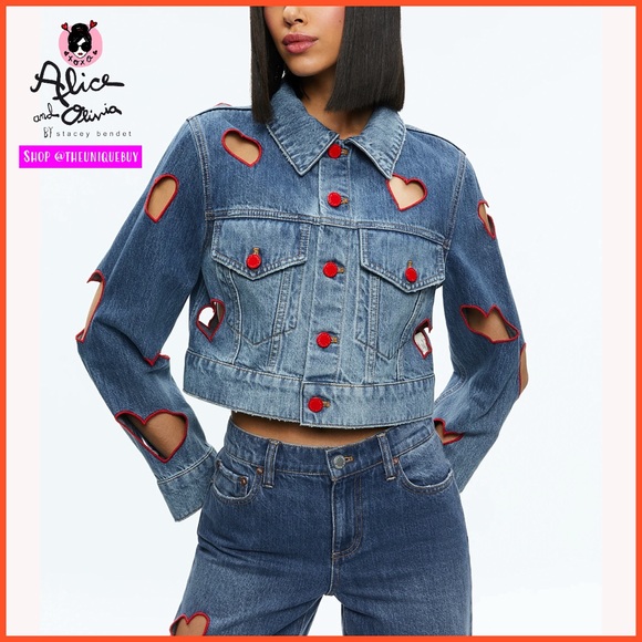 Alice + Olivia Jackets & Blazers - Alice + Olivia Jeff Heart Embroidered Cropped Denim Jacket